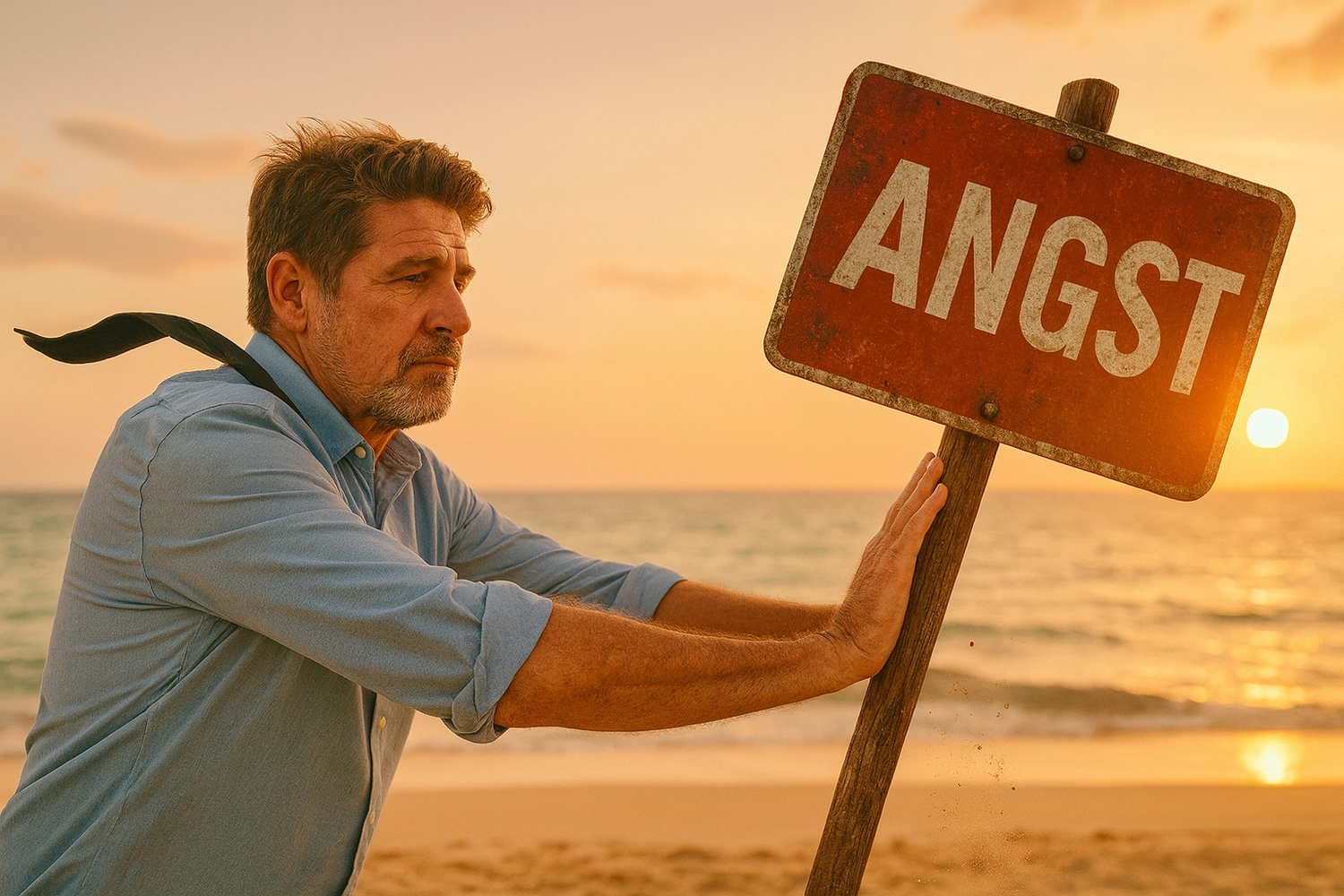 Michael Semmling - Psychologische Beratung und Begleitung bei Ängsten & Lebenskrisen nach der Bernhardt Methode - Michael Semmling schiebt ein Schild mit der Aufschrift „ANGST“.